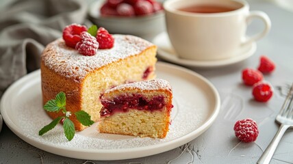 Delicious raspberry cake dusted with powdered sugar and garnished fresh raspberries mint leaves