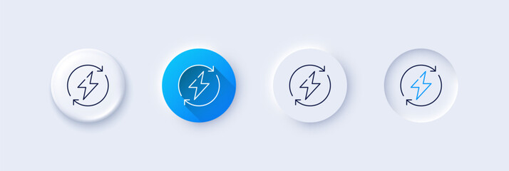 Renewable power line icon. Neumorphic, Blue gradient, 3d pin buttons. Update electric energy sign. Lightning bolt symbol. Line icons. Neumorphic buttons with outline signs. Vector