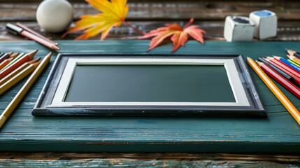 Inviting autumn study scene with colorful pencils, vibrant fall leaves on rustic wooden table, empty chalkboard frame, perfect for back to school themes. Copy space.