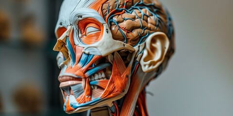 Intricate anatomical model of human head showcasing detailed muscles, blood vessels, and nerves, ideal for educational purposes in medical studies, biology classes, and scientific presentations.