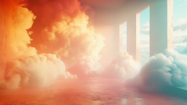 Dreamlike colorful room with soft clouds and geometric figures, perfect backdrop for product showcase, evoking creativity and inspiration. Copy space.