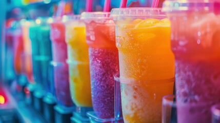 Variety of colorful fruit punches with different flavors and vibrant colors, perfect for summer or a fun social gathering.