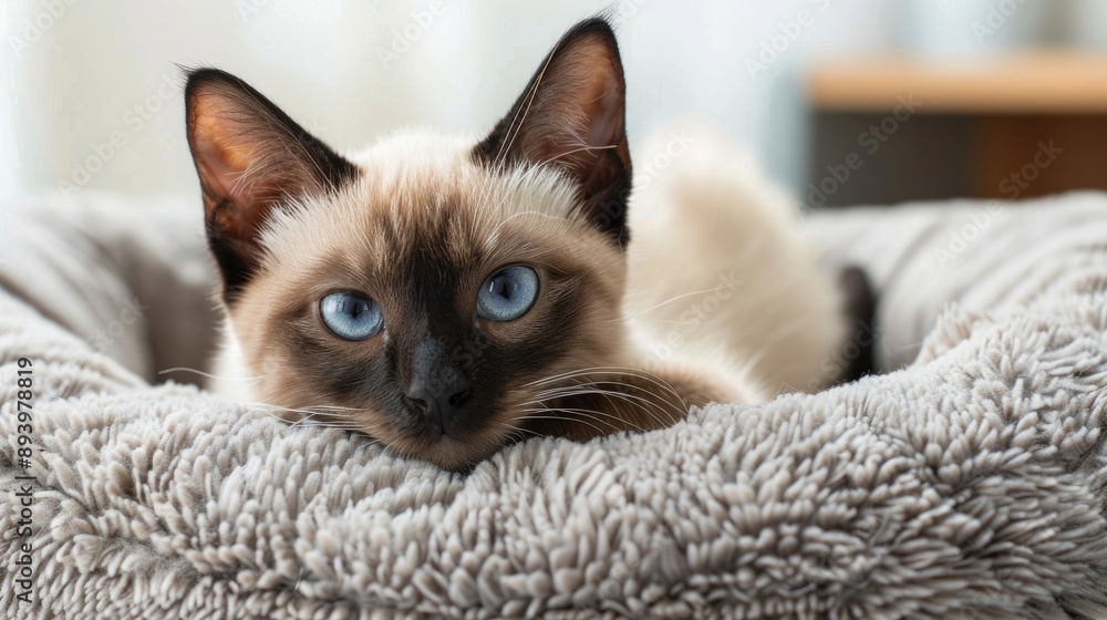 Canvas Prints Siamese cat cuddled up in its cozy bed showcasing the concept of pet care