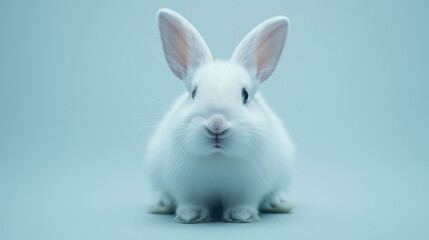 Fototapeta premium A close up portrait of a white rabbit against a light blue background. The mood is calm and adorable, suitable for themes of pets, animal welfare, and cuteness.