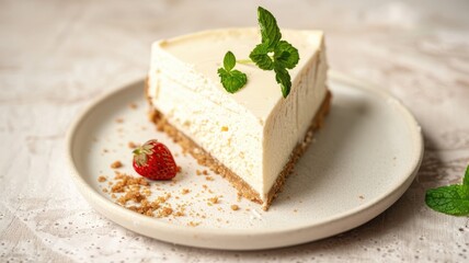Creamy cheesecake slice on plate with garnish