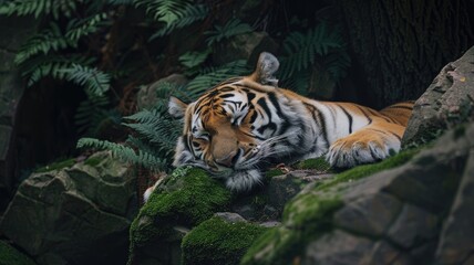 Fototapeta premium Bengal tiger resting on mossy rocks in lush forest