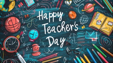Fototapeta premium Happy Teacher's Day, school concept teacher's day, illustration. Teacher's Day typography, social media post. Teacher's Post.