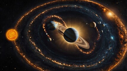 Planet system, galaxy and universe in space rotating