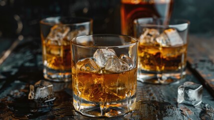 Three glasses of whiskey with ice placed on a vintage table against a black backdrop