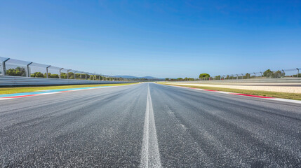 Fototapeta premium Empty Racing Track with Clear Sky, Motorsport Circuit, F1 Grand Prix Track, High-Speed Racing Venue, Clean Asphalt, Racing Event Preparation