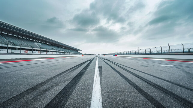 Empty Racing Track with Clear Sky, Motorsport Circuit, F1 Grand Prix Track, High-Speed Racing Venue, Clean Asphalt, Racing Event Preparation