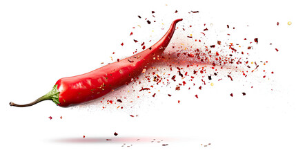 Falling Bursting Chili Pepper Isolated on White Background, Spicy Explosion, Red Hot Pepper, Dynamic Food Motion, Culinary Heat