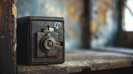 Old, weathered metal safe on wooden shelf in rustic setting