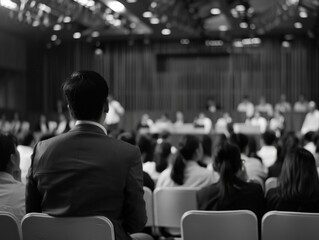 Fototapeta premium Man in a suit looking at the audience during a seminar.