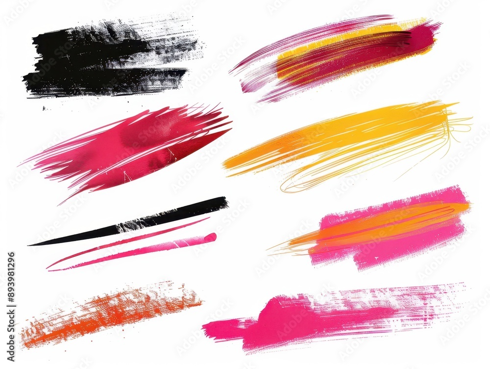 Poster Colorful paint brush stroke patterns on a canvas. Artistic expression with various colors.