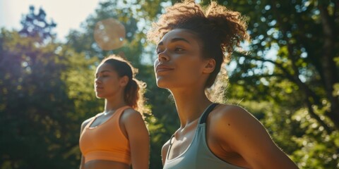 Two women in sportswear, active and healthy lifestyle, outdoor exercise, fitness enthusiasts.