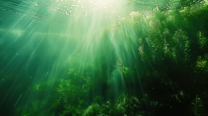 Vibrant sunlit underwater scene with scuba diver surrounded by seaweed and marine life, highlighting the beauty of an ocean dive spot.