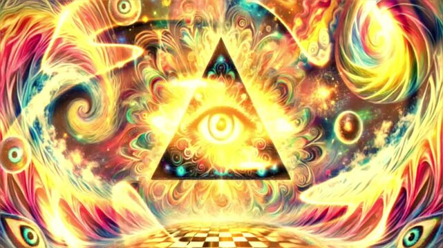 A single eye inside a triangle glows brightly amidst swirling flames and abstract colors