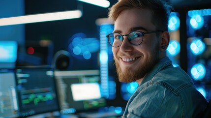 A young man smiling and looking at a computer screen. He's surrounded by multiple screens displaying digital data.