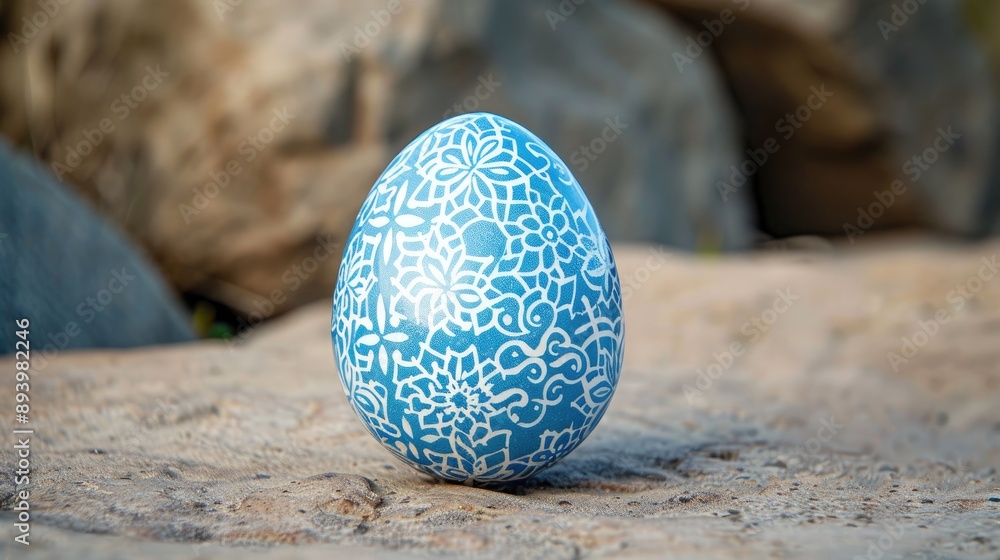 Wall mural Patterned blue egg on concrete surface