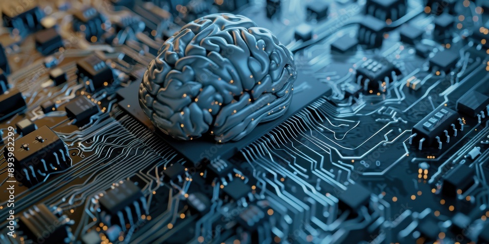 Poster image illustrates a concept of artificial intelligence where brain is symbolically integrated with e