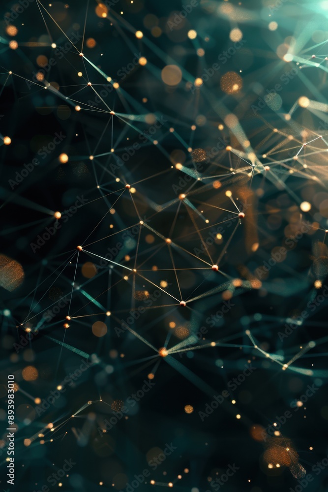 Poster scientific image of network nodes forming complex patterns with gold-colored connections.