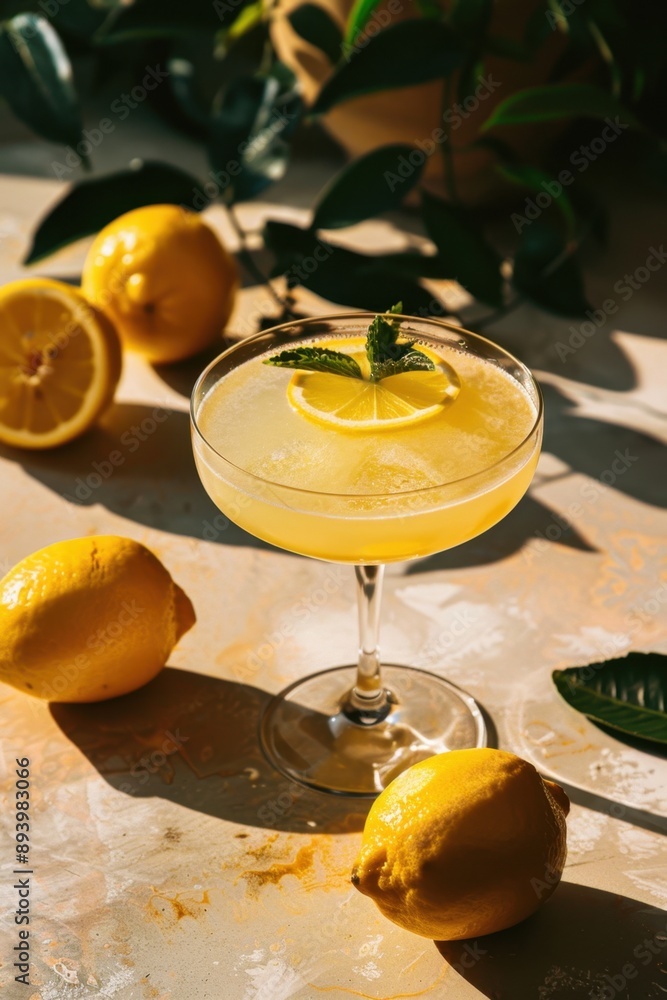 Poster Citrus cocktail with a slice of lemon, fresh and refreshing with a hint of mint.