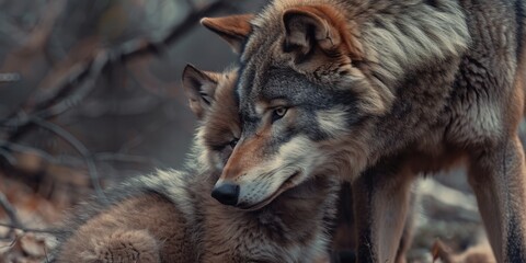 Obraz premium Wolf pack with parent and offspring in their natural habitat. Emotional connection between the adult wolf and its cub.