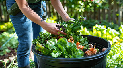 Person Composting Food Waste in Backyard Compost Bin, Sustainable Gardening Practice, Home Composting System, Eco-Friendly Waste Management, Organic Waste Recycling, Garden Compost Bin, Green Living