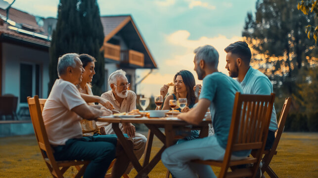 Intimate Family Dinner at Sunset in Suburban Backyard Featuring Multigenerational Family Engaged in Conversation and Enjoyment — Perfect Image for Lifestyle and Relationship Themes