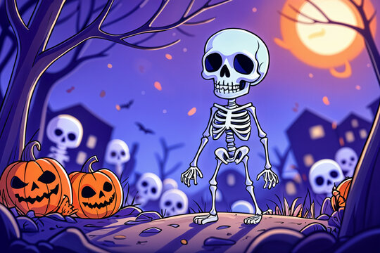 Cartoon skeleton standing on a path surrounded by halloween-themed elements such as pumpkins and a spooky forest background with a full moon.
