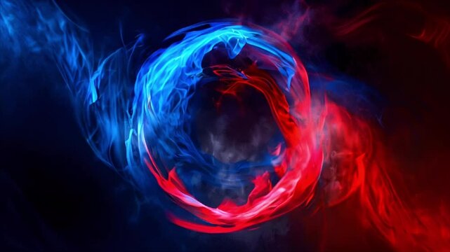 Dynamic red and blue flame swirl with smoky effects on black background creating abstract fire and ice effect