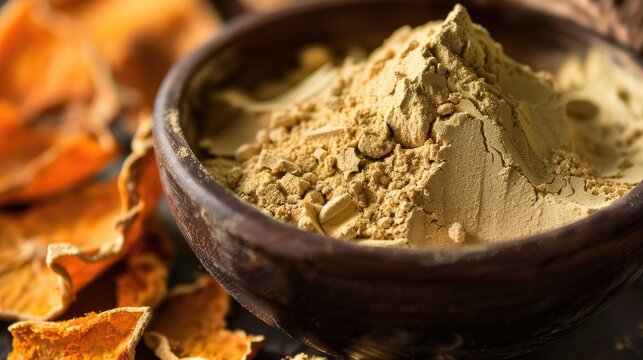 Powder of Multani mitti and dried orange peel close up