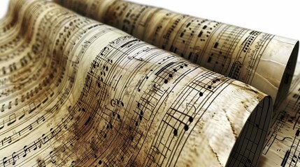 Close-up of vintage sheet music rolls on a white background, showing aged paper and musical notes.