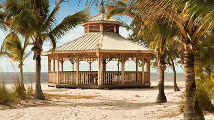 Serene beach gazebo surrounded by palm trees with a pristine ocean view on a clear day.