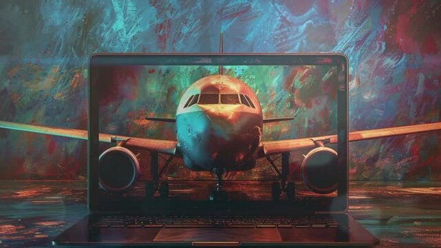 An airplane parked against a backdrop of vibrant, abstract colors, blending the themes of travel and artistic expression, capturing the excitement and adventure of exploring new destinations
