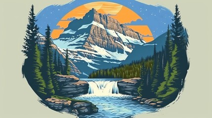 Artwork of a majestic mountain with snow cap under a bright sky, a scenic waterfall flowing through rocks, surrounded by lush evergreen forest and night sky background.