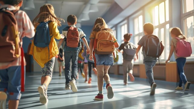 A group of children are running down a hallway with backpacks. Scene is energetic and lively, as the children are excited to be at school and are running to their classes