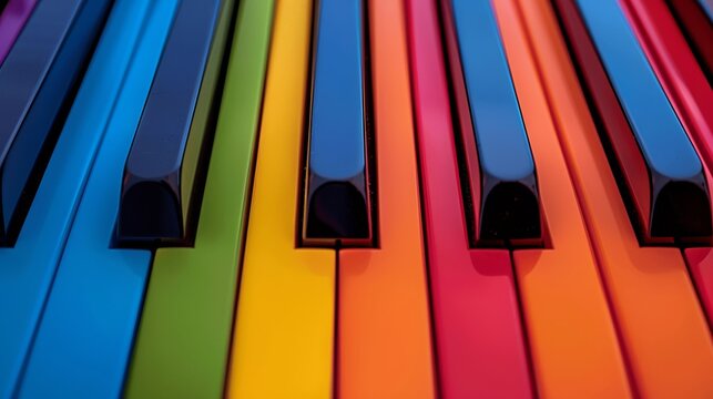 A colorful keyboard with the keys in different colors. The keyboard is a representation of the rainbow. Concept of joy and happiness, as the vibrant colors of the keys create a cheerful