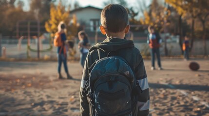 Obraz premium The little boy stands apart from the children and feels lonely and scared. A boy with a backpack is standing in a park. There are other people in the background, some of them carrying backpacks
