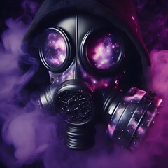Cyberpunk black gas mask with neon pink highlights, surrounded by purple smoke.