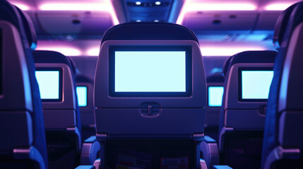 back of an airplane seat with a screen in front, displaying empty white space available for advertising