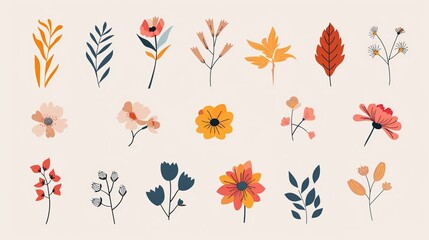 This image displays a collection of simple floral illustrations against a light background, showcasing different types of flowers and plants with a minimalistic artistic style.