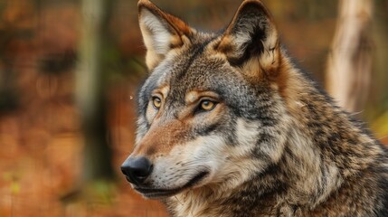 Fototapeta premium This image captures a close-up view of a wolf, with its intense gaze and expressive features, set against a forest background, showcasing its natural beauty and wild spirit.