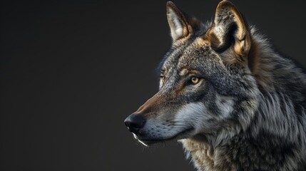Fototapeta premium A captivating image showcasing the profile of a wolf with striking golden eyes. The focus on the wolf's face highlights its sharp features and fur detail.
