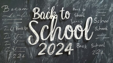 Back to school sign with chalkboard writing. The chalkboard has a lot of writing on it, including the year 2024