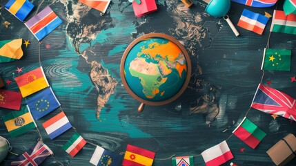 A globe is surrounded by flags from around the world. The flags are of different colors and sizes, and they are arranged in a circle around the globe. Concept of unity and diversity