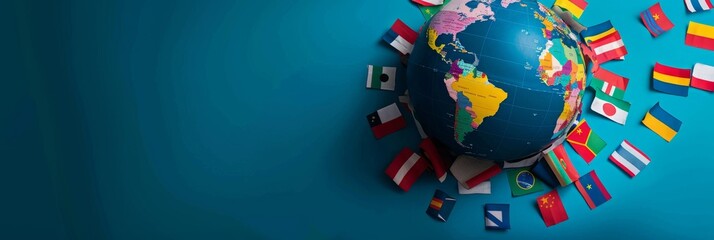 A blue background with a globe and flags from many countries. The globe is surrounded by flags from countries such as China, Japan, and the United States