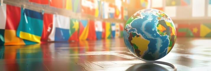 A globe is sitting on a wooden floor in front of a wall of flags. The flags are of different colors and sizes, and they are arranged in a way that creates a sense of movement and energy