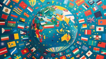 Fototapeta premium A colorful globe with flags from many countries on it